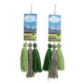 'Hand-Painted Cedarwood Dangle Earrings with Green Tassels'