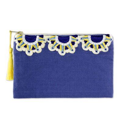 Blue Sunbeams,'Sun Motif Embroidered Blue Cotton Cosmetic Bag'