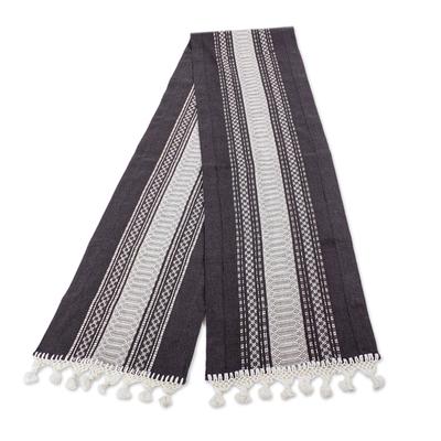 Zapotec Graphite,'Handwoven Grey and Ivory Cotton Zapotec Table Runner'