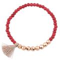 Radiant Bliss,'Quartz and Brass Beaded Stretch Bracelet with Lurex Tassel'