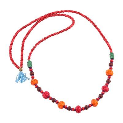 Boho Rose,'Colorful Wood Beaded Long Necklace from India'