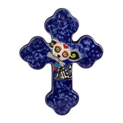 Catrina Pup,'Hand Painted Dog-Themed Ceramic Wall Cross'