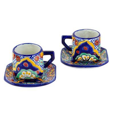 Hidalgo Fiesta,'Colonial Mexican Ceramic Cups Mugs with Saucers (Set for 2)'