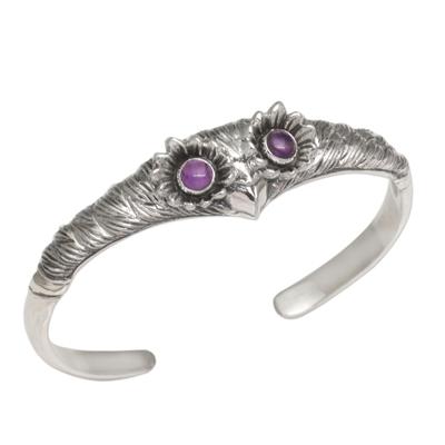 Always Watching,'Women's Owl Cuff Bracelet with Amethysts in Sterling Silver'