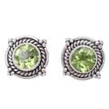 Sparkling Beacon,'Round Peridot and Sterling Silver Rope Motif Button Earrings'