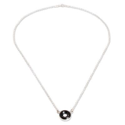 Cosmic Eternity,'Black Jade Sterling Silver Pendant Necklace from Guatemala'