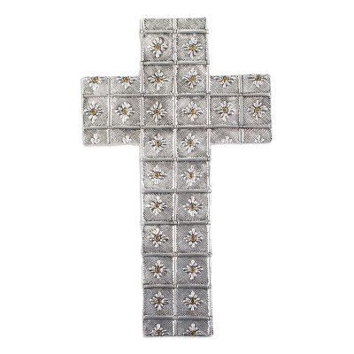 'Flower-Patterned Aluminum Wall Cross with Crystals'