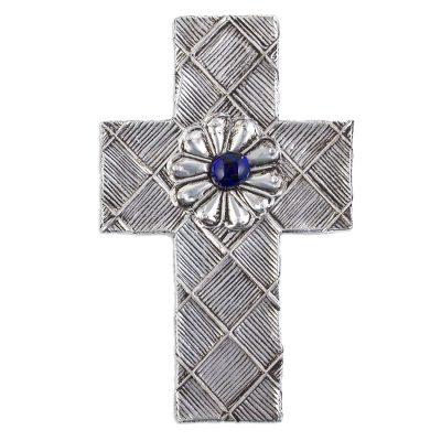 Mexican Faith,'Mexican Repousse Wall Cross with Flower and Blue Glass'