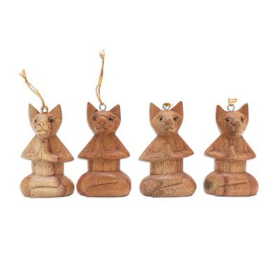 'Set of 4 Hand-Carved Jempinis Wood Cat Ornaments from Bali'