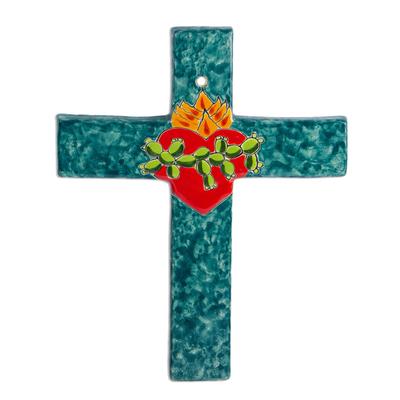 Heart of Faith,'Signed Colorful Ceramic Wall Cross from Mexico'