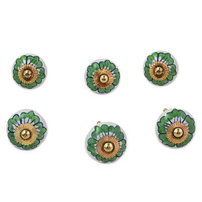 Green Flowers,'Ceramic Cabinet Knobs Floral Green White (Set of 6) India'