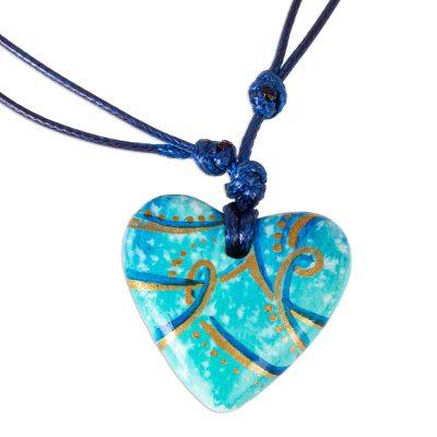 Seafoam and Sunlight,'Papier Mache Blue & Aqua Golden Accent Heart Necklace'