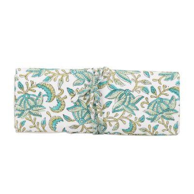 'Cotton Roll Pencil Case with Hand-Block Printed Leafy Design'