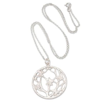 Harmonious Hope,'Sterling Silver Round Pendant Necklace with Butterfly Motifs'
