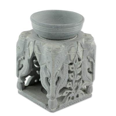 Soapstone oil warmer, 'Agra Elephants'