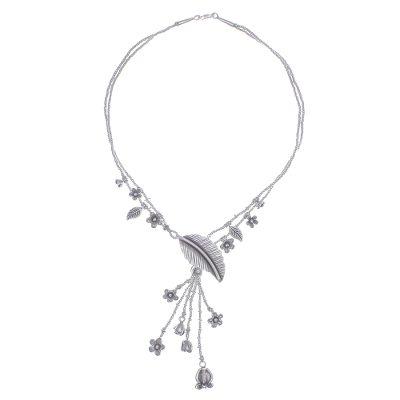 Like Paradise,'Flower and Leaf Themed 950 Silver Y-Necklace'