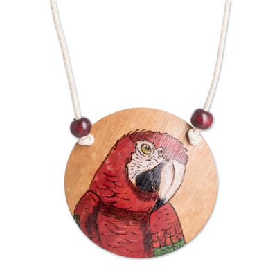 'Hand-Painted Calabash Gourd Red Macaw Pendant Necklace'