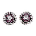 Dotted Blossom,'Pink Onyx Cubic Zirconia and Silver Floral Button Earrings'