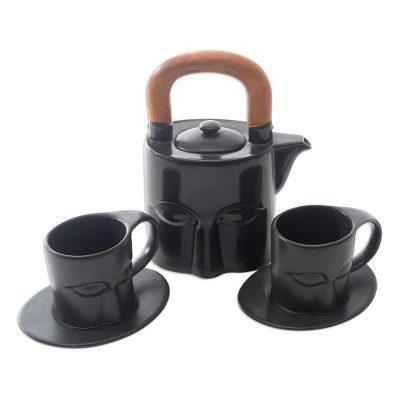 Peaceful Eyes,'Black Ceramic and Teak Wood Tea Set (Set for 2)'