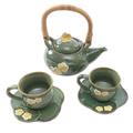 Forest Frangipani,'Ceramic Tea Set for Two with Bamboo Accent (5 Pcs)'