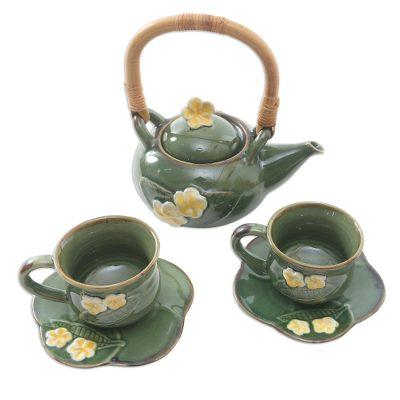 Forest Frangipani,'Ceramic Tea Set for Two with Ba...