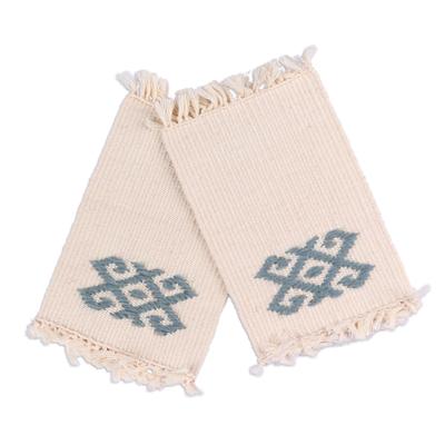 Traditions in Ivory,'2 Handwoven Ivory Cotton Coasters with Wool Hand Embroidery'