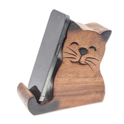 Feline Support,'Cat-Themed Hand-Carved Raintree Wood Phone Holder'