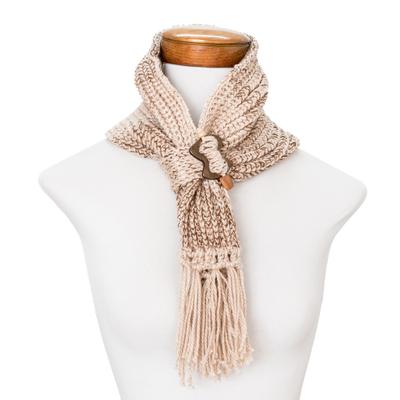 Costa Rican Nutmeg,'Nutmeg Brown and Beige Knit Scarf with Wood Clip'