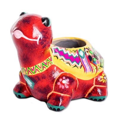 Floral Turtle,'Hand-Painted Small Ceramic Flower Pot from Guatemala'