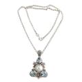 Frangipani Trio,'Artisan Crafted Blue Topaz and Pearl Silver Necklace'