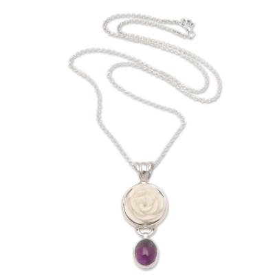 Exquisite Rose,'Sterling Silver Rose Pendant Necklace with Amethyst Stone'