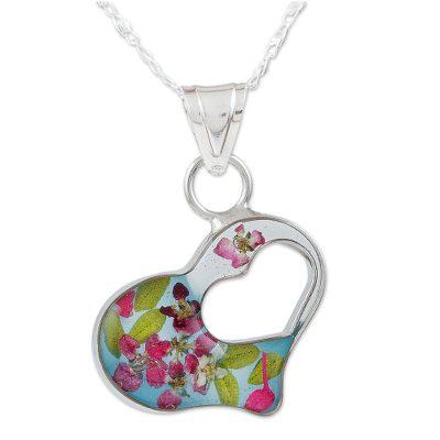 Flowered Heart,'Sterling Silver Necklace with Natural Flower Pendant'