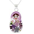 Violet Mexican Matryoshka,'Purple Matryoshka Pendant Necklace with Natural Flowers'