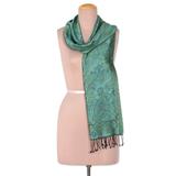 Magical Garden,'Woven Reversible Jamawar Fringed Silk Scarf in Turquoise'