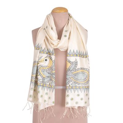 Peacock Friends,'Hand Woven Peacock Fringed Silk Scarf from India'