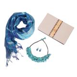 Blue Spring,'Thai Blue Cotton Scarves with Gemstone Jewelry Set'