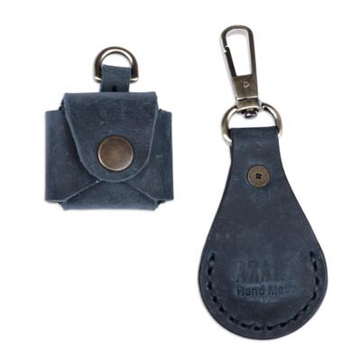 Grab and Go,'100% Blue Leather Earbud Holder and Keychain Set'