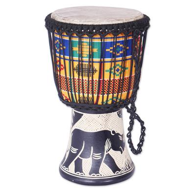 'Rhino-Themed Black Sese Wood Djembe Drum with Kente Accents'