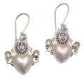 Flying Hearts,'Cultured Pearl, Amethyst and Citrine Heart Dangle Earrings'