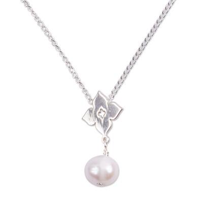 Moroccan Flower,'Cultured Pearl Pointed Flower Pendant Necklace from Mexico'