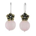 Lunar Florescence,'Hand Crafted Rose Quartz Dangle Earrings with Brass Flower'