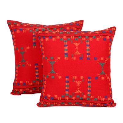 'Sequences' (pair) - Cotton Red Cushion Covers Set 2 Throw Pillows