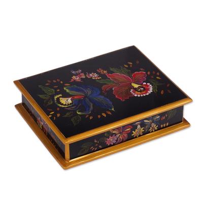 Orchids,'Handmade Reverse Painted Glass Jewelry Box from Peru'