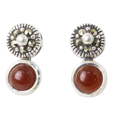 Marcasite and red onyx drop earrings, 'Red Lanna Eclipse'