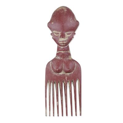 Red Osele,'Wood Comb-Shaped Wall Art in Red from Ghana'