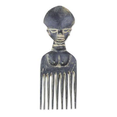 Black Osele,'Wood Comb-Shaped Wall Art in Black from Ghana'