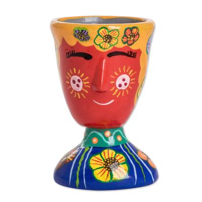 'Whimsical Hand-Painted Red and Blue Ceramic Flowe...