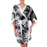 Palm Fronds,'Women's Silk Short Robe with Palm Frond Motifs'