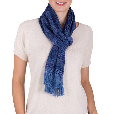 Pacific Love,'Pacific Blue Purple Stripes Handwoven Rayon Scarf'