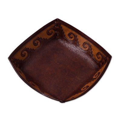 Inca Seacoast,'Handcrafted Tooled Leather Inca Wave Motif Catchall'